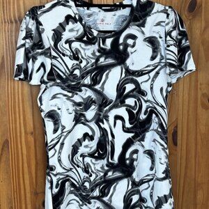 LAURIE FELT Women's XXS Black White Swirl Marble Print Short Sleeve T-Shirt Top